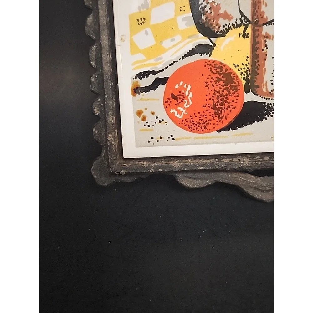 Set Of 2 Enesco Vintage Cast Iron Trivets W/Tile Centers Kettle & Pitcher Scenes